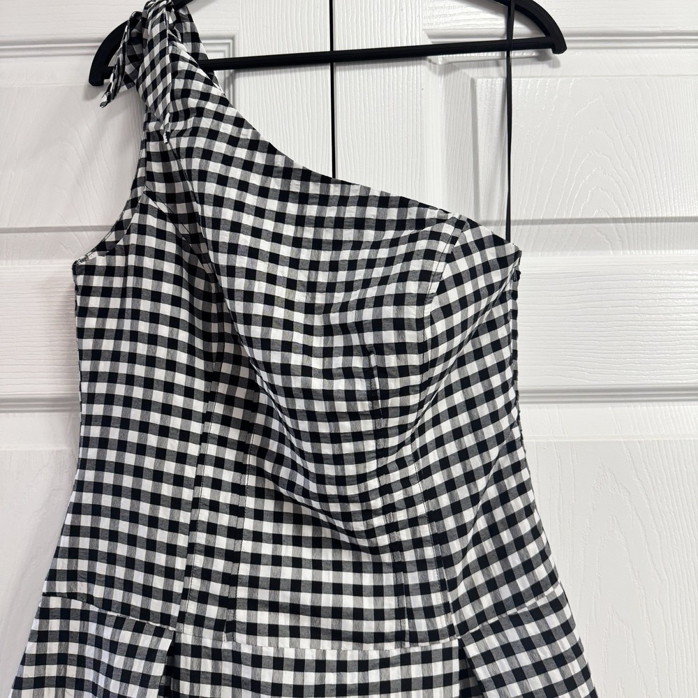 By Anthropologie One Shoulder Gingham Midi Dress Classic Black White Medium NWT - Picture 2 of 7